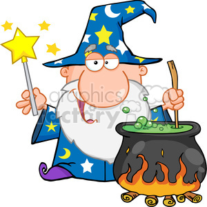 A cartoon wizard in a blue robe with moon and star patterns holds a magic wand and stirs a bubbling green potion in a cauldron.