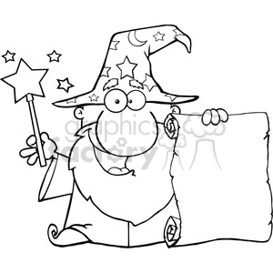 A black and white clipart image of a cartoon wizard with a pointy hat decorated with stars and moons, holding a magic wand in one hand and a blank scroll in the other.