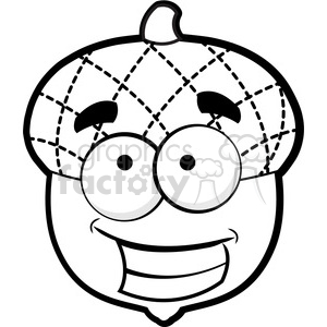 In the clipart image, there is an anthropomorphic acorn with a stylized face. The acorn features a large smile and wide eyes, conveying a cartoonish and happy expression. The top of the acorn has a checked pattern, and there is a short stem at the very top.