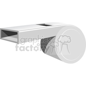   This clipart image depicts a stylized whistle. The whistle is depicted in grayscale and features a simplistic, modern design with a clearly visible mouthpiece, air hole, and the resonating chamber where the sound is produced. 