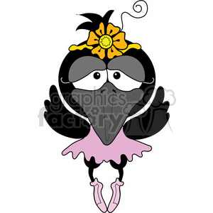 A cute cartoon crow dressed as a ballerina, wearing a pink tutu, ballet shoes, and a flower headband.