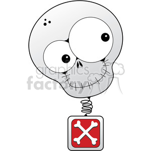 A playful and cartoonish image of a skeleton head with large eyes and a stitched mouth, attached to a spring with a red square containing crossed white bones at the bottom.