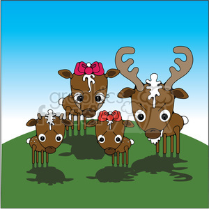 This clipart image features a cute family of stylized reindeer standing on a grassy hill against a clear blue sky. The family consists of a buck with antlers, a doe with a pink bow, and two fawns, one with a small red bow.