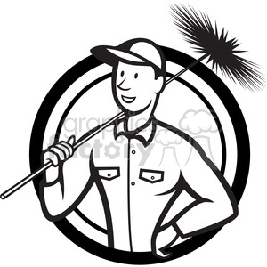 Black and white clipart image of a chimney sweep holding a brush.