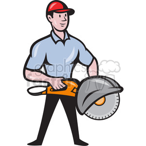 Clipart image of a person in a blue shirt and red cap holding a circular saw.