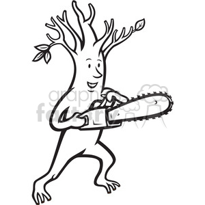 A whimsical clipart image depicting a tree character holding a chainsaw, merging elements of nature and machinery.