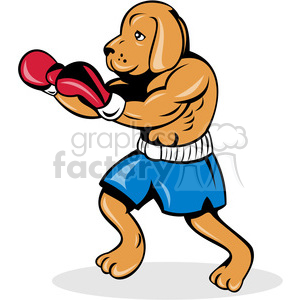 Cartoon illustration of a muscular dog wearing boxing gloves and blue shorts, standing in a boxing stance.