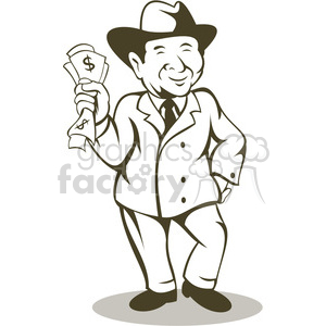 The clipart image depicts a cartoonish, wealthy man with a suit and tie holding cash in one hand.