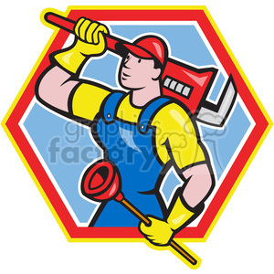 plumber carrying wrench and plunger looking up