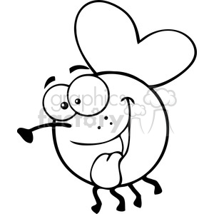   This is an image of a whimsical, cartoonish insect characterized by its large eyes, smiling face, stylized wings, and stick-like legs. One wing is heart-shaped, adding to the playful and endearing quality of the drawing. 