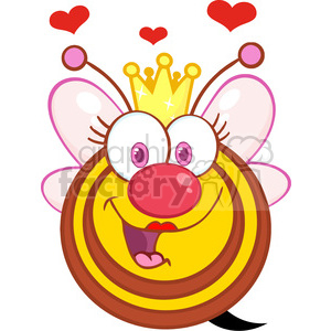A cheerful, cartoon-style bee with a crown and hearts above its head, indicating it's a queen bee.