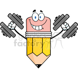 5902 Royalty Free Clip Art Smiling Pencil Cartoon Character Training With Dumbbells