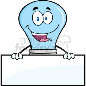 6032 Royalty Free Clip Art Smiling Blue Light Buble Cartoon Character Over Blank Sign