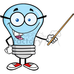 A cartoon lightbulb character with glasses, smiling and holding a pointer, portraying a teacher-like appearance.