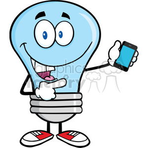 A humorous lightbulb character with a face holding a smartphone.