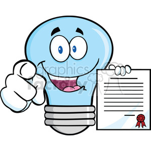 6155 Royalty Free Clip Art Blue Light Bulb Pointing With Finger And Holding A Contract