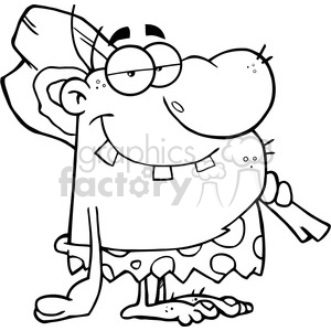 6805 Royalty Free Clip Art Black and White Caveman Cartoon Character With Club