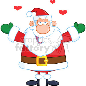 A cartoon-style Santa Claus with green gloves smiling, surrounded by red hearts, embodying a cheerful and loving Christmas vibe.