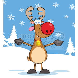 A funny cartoon reindeer with a big red nose and a bell collar stands in a snowy winter scene, surrounded by snowflakes and pine trees.