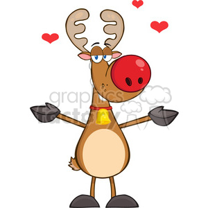 A cartoon reindeer with a big red nose and a bell around its neck, surrounded by floating hearts, conveying a humorous and love-themed Christmas scene.