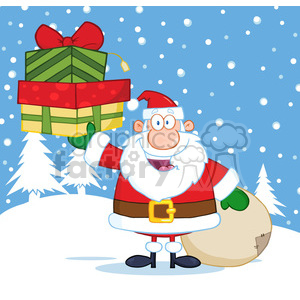 6671 Royalty Free Clip Art Smiling Santa Claus Holding Up A Stack Of Gifts