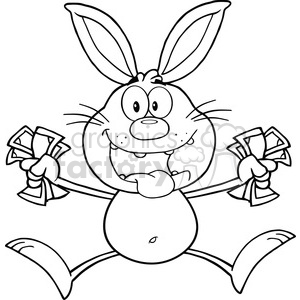 A black and white clipart image of a happy cartoon bunny holding bundles of money in both hands, jumping in excitement.