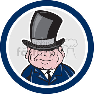 This clipart image features a cartoon of a smiling gentleman wearing a top hat and a suit.