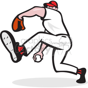 The image is a stylized clipart of a baseball pitcher in the midst of a pitch. The pitcher is wearing a baseball cap, glove, and uniform with cleats. He is depicted in a dynamic pitching pose with one leg raised and about to throw the ball.