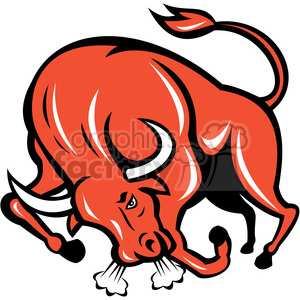   The clipart image shows a stylized red bull charging forward with an angry expression. The design has a retro feel to it and is reminiscent of the imagery commonly associated with Western culture, including ranches, rodeos, and country life. The image captures the wild and powerful nature of bulls, which are often used in these contexts for their strength and agility.
 