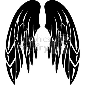 Black silhouette of a pair of angel wings with intricate feather details, displayed against a white background.