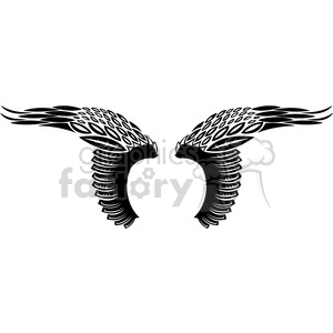 A stylized black and white clipart of angel wings with intricate feather details.