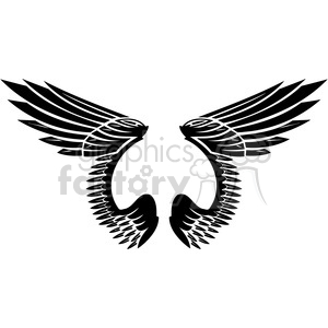 A black and white clipart image of stylized, symmetrical bird wings with bold, angular feathers.