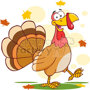 The clipart image displays a cartoon turkey with a large feathered tail. The turkey is standing on a grassy patch, surrounded by falling autumn leaves in shades of orange and yellow. The bird appears cheerful, with a big smile and wide eyes. In the background, there are abstract shapes representing possibly the sun and the autumnal atmosphere.
