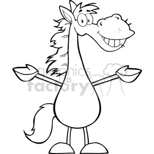 The image is a black and white clipart of a whimsical, cartoon-style horse. The horse is standing upright on two legs like a human, with its arms stretched out to the sides. It has a big, friendly smile with teeth showing, a large snout, and wide, expressive eyes. There is a playful look to its mane and tail, and its hooves are simplified almost like shoes. It's a lighthearted, fun depiction of a horse suitable for various illustrative purposes.