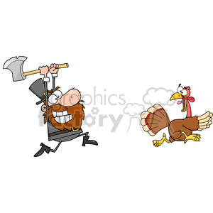 The image depicts a humorous clipart scene related to Thanksgiving. On the left, a man with a large beard is eagerly running while holding an axe aloft, seemingly in pursuit. On the right, a cartoon turkey with a scared expression is frantically running away, looking back towards the man. The turkey is characterized by its large tail feathers, common to the portrayal of turkeys around Thanksgiving.