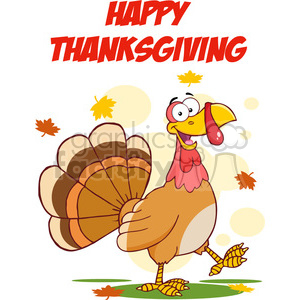 The image features a cartoon turkey with large, fan-like tail feathers in a mix of brown and tan colors, a yellow beak and feet, and a red wattle. It is walking on green grass with fall-colored leaves scattered around. Above the turkey, there's text that reads HAPPY THANKSGIVING in bold red letters, and some leaves and circles in the background that suggest a fall theme.