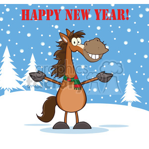The clipart image features a cartoon horse standing on snow with a winter scene in the background. The horse is brown, with a large, friendly smile and cartoonish eyes, wearing a green scarf with red stripes. Behind the horse are two white fir trees and falling snowflakes. Above the horse is the text HAPPY NEW YEAR! in bold red letters.