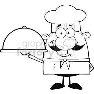   The clipart image depicts a cartoon chef holding a serving cloche or dish cover, likely ready to present a meal. The chef is wearing a traditional chef