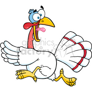   This is a clipart image of a cartoon turkey with large, exaggerated features. The turkey appears to be running or in motion, with one wing extended outward, and the other tucked in. It has a comical expression, with wide eyes and a beak that