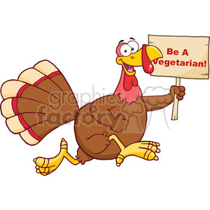 A cartoon turkey holding a sign that says 'Be A Vegetarian!' with a happy expression.