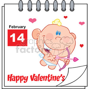 Royalty Free RF Clipart Illustration Happy Valentines Day Calendar With Cute Baby Cupid Flying With Bow And Arrow