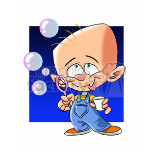 A cartoon character of a funny, bald-headed child in overalls blowing bubbles.