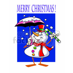 A humorous snowman character holding an umbrella and a candy cane in a snowy Christmas scene with the text 'Merry Christmas!' above.