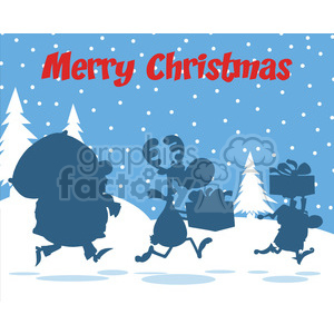 Silhouette of Santa Claus, a reindeer, and an elf carrying gifts in a snowy landscape with a 'Merry Christmas' message.