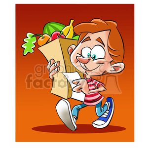 vector child carrying a grocery bag full of food