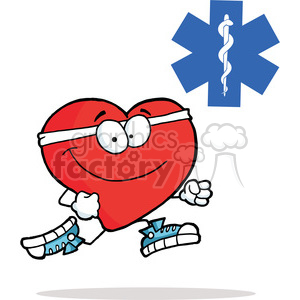 A humorous cartoon heart character wearing a sports headband and shoes, jogging with a medical symbol.