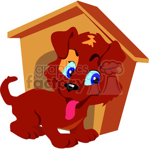 Cartoon brown puppy in front of his dog house