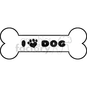 The image is a black and white clipart of a bone shape with the word DOG written in the center. In lieu of the letter 'O', there is a heart-shaped paw print which adds a playful and loving element to the design, often associated with affection for pets.