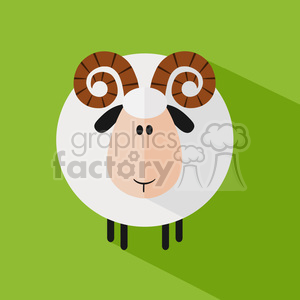 The clipart image shows a stylized, cartoon-like drawing of a ram. The ram has a large round white body with a cute face in the center, large curved brown horns, small black legs, and a simple line for a mouth. The background is a plain, bright green, and the overall look of the image is simple and child-friendly.