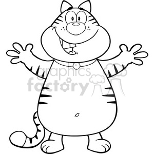 The image is a black and white line drawing of a cartoon cat. The cat is standing upright on its hind legs, with arms spread wide as if ready for a hug. It has a friendly and happy expression, with a big open-mouthed smile showing teeth and a tongue, wide eyes, whiskers, and a collar with a small bell. The cat's belly area is rounded, and there is a pattern of stripes on its tail and arms.